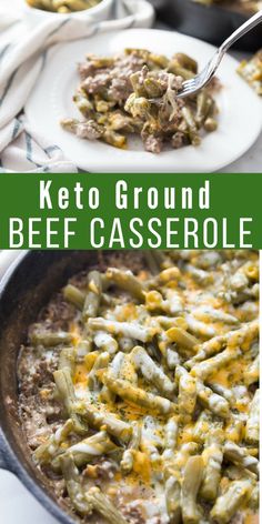 keto ground beef casserole in a skillet with green beans and cheese