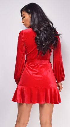 Dream Red Ruffled Wrap Velvet Mini Dress – Emprada Velvet Mini Dress, Draped Top, Mini Velvet Dress, Sequin Mini Dress, Wrap Style, New Dress, One Shoulder, Long Sleeve Dress, Velvet