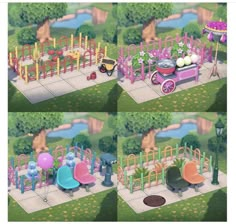 the park is filled with colorful playground equipment