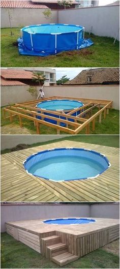 an above ground swimming pool with steps to the bottom and below it is a wooden deck