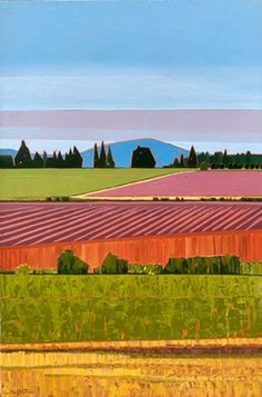 an abstract painting of farm land and trees