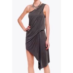 Helmut Lang Grey/Storm Shale Asymmetrical Drape Dress (Retails $395) - Size: M - Color: Grey (“Storm”) - Rn #: 119376 - Style: Sw-Cs1018 - Style #: C02hw611 - Elegant Sleeveless Drape Dress - Asymmetrical Neckline And Hem - Ruching/Gathering Detail At Hip - Spaghetti Strap On One Side - Thicker Draping Strap On The Other Side - Extremely Soft Material - Lined - Dry Clean - Material: - Shell: 100% Bemberg Cupro - Lining: 100% Silk - Condition: Guc (Preloved, But No Major Flaws. A Couple Faint Lit Summer Pre-draped Asymmetrical Dress For Night Out, Pre-draped Asymmetrical Cocktail Midi Dress, Pre-draped Asymmetrical Summer Dress For Night Out, Pre-draped Asymmetrical Dress For Spring, Pre-draped Asymmetrical Cocktail Dress, Pre-draped Asymmetrical Dress For Cocktail, Asymmetrical Pre-draped Cocktail Midi Dress, Pre-draped Asymmetrical Midi Dress For Cocktail, Asymmetrical One Shoulder Cocktail Dress