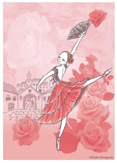 a drawing of a ballerina holding an umbrella in front of roses and a building