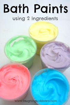 four different colored bath paints in plastic cups with text overlay that reads, how to use bath paints using 2 ingredients