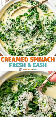 spinach and cheese soup in a white bowl