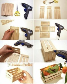 the steps to make a wooden crate with scissors and fruit in it are shown here