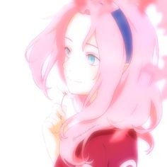 an anime character with pink hair and blue eyes