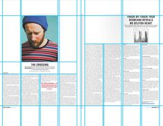 an article in a magazine with blue lines on the pages and a man wearing a beanie