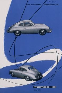 an advertisement for the new porsche car, with two cars on it's side