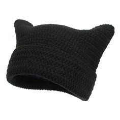 a black knitted cat hat on a white background