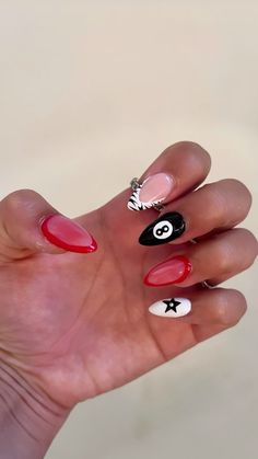 Trendy nails, almond nails, acrylic nails, nails, nail inspo, nail ideas, 8 ball nail, mismatch nails, red nails, zebra nails, french nails, aura nails, star nails, star, pink nails, 8 Ball Cheetah Print Nails, Cheetah 8 Ball Nails, Red Cherry 8 Ball Nails, Red Concert Nails, Nail Inspo Trendy Almond, Red 8 Ball Nails, Number On Nails, Nail Inspo November, Pink 8 Ball Nails