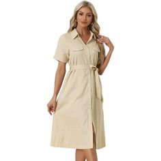 Women's Button up Shirt Dress Summer Short Sleeve Dress. Featuring a button-down front, this dress offers a polished and professional look. With fake pocket details, this dress adds a stylish element to the overall design. The included belt cinches at the waist, accentuating your figure and creating a flattering silhouette. Pair it with heels or ankle boots for a sophisticated office look, or dress it down with sneakers or sandals for a more casual and laid-back ensemble. More Styles, More Choic Dresses With Belts Casual, Shirt Dress With Belt, Casual T Shirt Dress, Short Sleeve Midi Dress, Shirt Dress Summer, Dot Print Dress, Button Down Shirt Dress, Short Sleeve Dress Shirt, Belted Shirt Dress