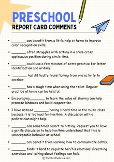 a paper with some writing on it that says preschool report card comments and an origami airplane