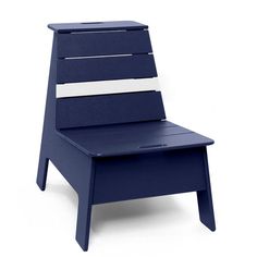 a blue chair with white strips on the seat and back side, against a white background