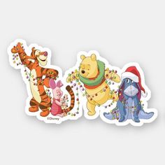 winnie the pooh and friends stickers are shown in three different colors, including one with