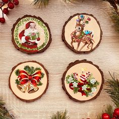 A collection of Hand Painted Christmas Designs on Wood Slices that measure 4 inch wide and can be used for Coasters or table top décor. The price includes all 4 coasters at 48 but you also have the option to buy them separately  Each piece is varnished with a glossy finish and protected against UV rays , moisture and dust. Back is unpainted natural wood finish shine. Care- They are water resistant but not water proof do not submerge in water and wipe with a dry microfiber cloth Original in picture has been sold but a very similiar will be created at the time of order Shipping time is 1-3 business days. Will take extreme care with shipping to arrive to you safely. Thank You for viewing and shopping at Www.etsy.com/PopOutImaginativeArt Christmas Wood Coasters, Christmas Coasters Painted, Christmas Transfers, Designs On Wood, Wood Transfer, Hand Painted Christmas, Christmas Coasters, Natural Wood Finish, Holiday Art