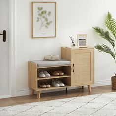 a wooden cabinet sitting next to a white door with shoes on it and a potted plant in the corner