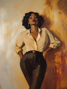 a painting of a woman in white shirt and black pants with her hands on her hips