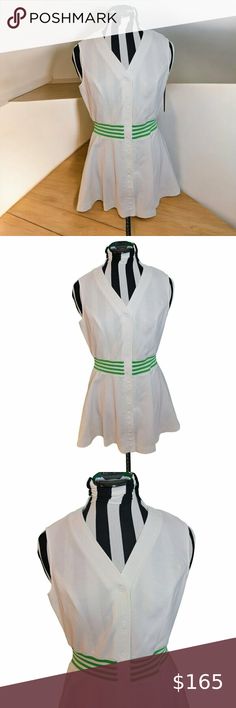 Vintage 1970s Loomtogs White Polyester Tennis Dress w Green Stripe Waist Bust 36