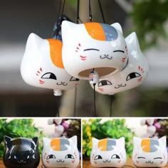 four different pictures of cats hanging from the ceiling with their faces painted orange, white and black