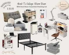 a collage of furniture and decor items for the dorm room, including a bed, desk