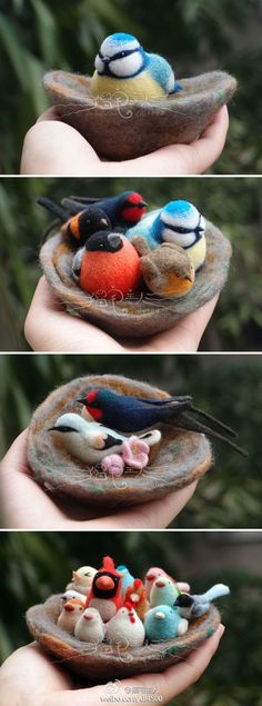 three different pictures of small birds sitting in a birdbath made out of felt