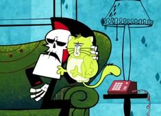 a cartoon cat sitting on top of a couch next to a skeleton holding a cell phone