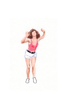 a drawing of a woman in shorts and a tank top posing with her arms behind her head