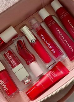 Red Skin Care Products, Red Beauty Products, Red Lip Products, Red Skincare Aesthetic, Red Girly Things, Lip Gloss Collection Aesthetic, Red Skin Care, Aesthetic Red Lipstick, Red Skincare