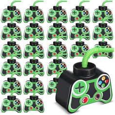 a bunch of green and black game controllers next to each other