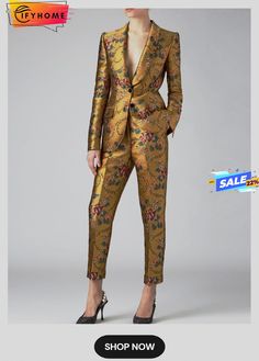 Urban Floral Regular Fit Fashion Pants Womens Printed Pant Suit, Boho Suits Women, Elegant Floral Print Pants For Party, Elegant Floral Print Party Pants, Slim Fit Pants For Spring Party, Fitted Ankle-length Pants Sets For Spring, Casual Fitted Gold Pants, Gold Fitted Casual Pants, Gold Full-length Pants For Spring