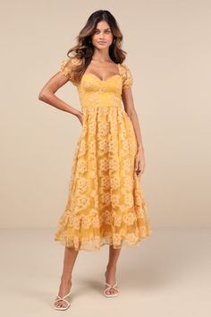 Yellow Dress Ideas, Dark Yellow Dress, Mesh Floral Dress, Midi Dress Wedding, Bustier Midi Dress, Yellow Bridesmaid, Midi Dress Wedding Guest, Yellow Bridesmaid Dresses, Be Curious