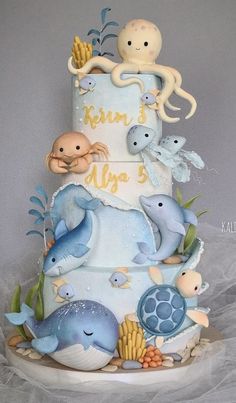 Sea Animal Cake Ocean Themes, Sea Life Birthday Cake, Under The Sea Baby Shower Cake, Ocean Cakes For Kids, Sea Creature Cake, Sea Theme Cake, Whale Birthday Cake