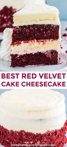 red velvet cake with white frosting and the words best red velvet cake cheesecake