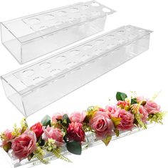 two clear acrylic boxes with flowers on the bottom and one has pink roses in it