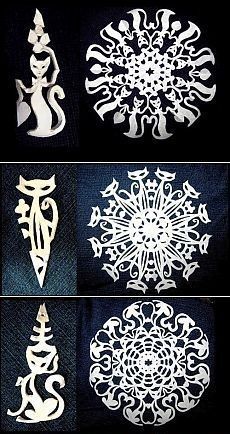 four different types of snowflakes are shown in white and black, including one with an