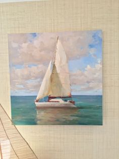 a painting of a sailboat on the water with clouds in the sky above it