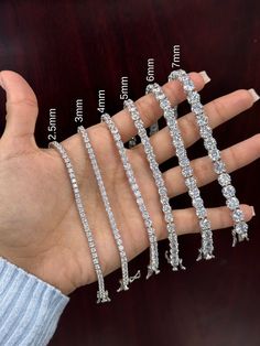 "Tennis Bracelet | Rhodium Plated over 925 Sterling Silver | Rhodium Plated | 2.5mm, 3mm, 4mm, 6mm, 7mm  MATERIALS: 925 Sterling Silver DIMENSIONS: 2.5mm 3mm 4mm 5mm 6mm 7mm SIZE: 6.5\", 7\", 8\" CLOSURE: Box With Tongue And Safety Clasps CARE: Wipe with Cloth" Wedding Bracelets, Wedding Jewelry Bracelets, Wedding Bracelet, Tennis Bracelet, Sterling Silber, Arm Band, Rhodium Plated, Wedding Jewelry, Tennis