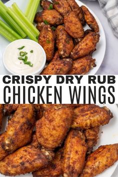 crispy dry rub chicken wings on a white plate with celery and ranch dressing