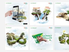 four different brochures with images of buildings and hands holding green items in the air