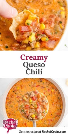 the recipe for creamy quesoa chili is shown