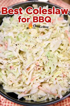 the best coleslaw for bbq is in a bowl with red and white checkered tablecloth