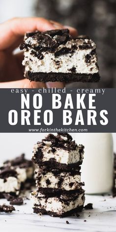 no bake oreo bars are stacked on top of each other