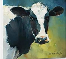 a painting of a black and white cow