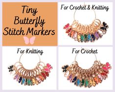 four different types of earrings with the words tiny butterfly stitch markers for knitting and crochet