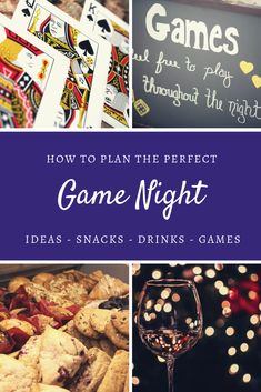 the words game night written in white and blue are surrounded by images of cookies, wine glasses