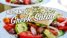 two white plates filled with different types of food and the words authentic greek salad above them