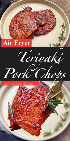 the cover of air fryer teriyaki pork chops on a white plate