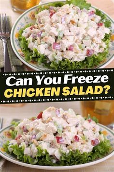 chicken salad with lettuce and tomatoes on it is shown in two separate pictures