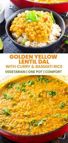 yellow dali with curry and white rice in a red bowl